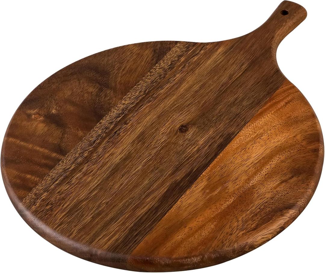SOFE Walnut Wood Pizza Serving Board, 12" Round Thick Cutting Board with Handle, Decorative Wooden Chopping Boards for Kitchen, Cheese/Charcuterie Board for Bread, Vegetables, Fruit, Meat (Brown-15.7" x 11.8" x 0.8")