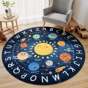 Kids Alphabet ABC Round Rug 4ft, Washable Educational Circle Rug with Solar System Design, Soft Non-Slip Nursery Carpet for Classroom, Playroom & Kids Room Decor