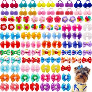 100pcs Dog Hair Bows, Bulk Cute Puppy Pet Small Dog Hair Bows with Rubber Bands, Mix Handmade Flower Puff Ball Rhinestone Pearls Dog Bows, Yorkie Dog Bows for Dog Hair Grooming Accessories