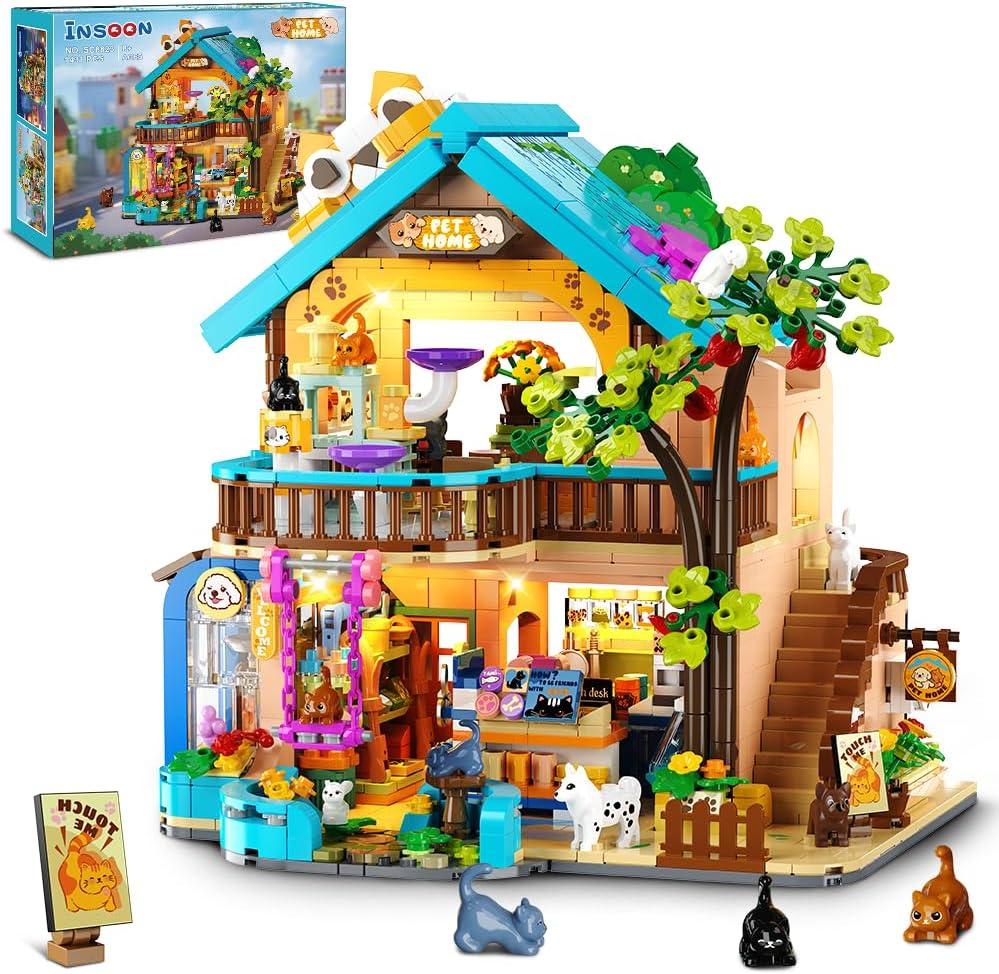 City Pet Shop Building Set with Lights, Cozy Pet Store Construction Toy with Cats Dogs, Cute Animal Store Miniature House Model Building Block Kit for Adults Kids Boys Girls Ages 8-12+