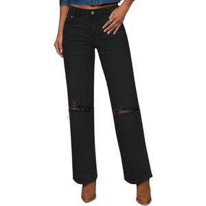Straight Leg Jeans for Women Trendy High Waisted Cropped Boyfriend Mom Stretchy Frayed Hem Loose Wide Leg Baggy Pants (Black)