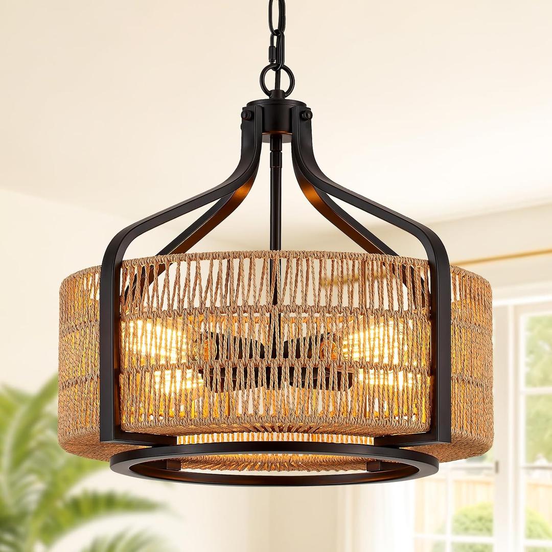 17.8" Boho Rattan Chandelier, 4-Light Black Drum Light Fixture, Medium