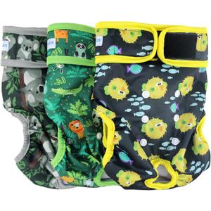 Leekalos Reusable Washable Dog Diapers Female (3 Pack) - Highly Absorbent Doggie Diapers - Size Adjustable Puppy Diapers for Dog Period Panties (Large, Globefish) (Large (15"-17" Waist), Globefish(Gray Lining))