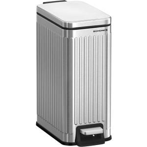 SONGMICS Bathroom Trash Can, 1.6-Gallon (6 L) Trash Bin with Lid, Slim for Small Spaces, Stainless Steel Garbage Can, Soft Close, Silver ULTB563E01