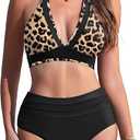 AI'MAGE Women's High Waisted Bikini Set Mesh Tummy Control Bathing Suits 2 Piece Halter V Neck 2XL