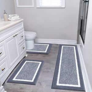 Pauwer Bathroom Rugs Set 3 Piece Non Slip Washable, Plush Absorbent Microfiber Bath Mat Shower Rug Runner Quick Dry, Super Soft U Shaped Toilet Mats Floor Carpet, Dark Grey, 18"x26"+18"x48"+u Shape 20"x24"