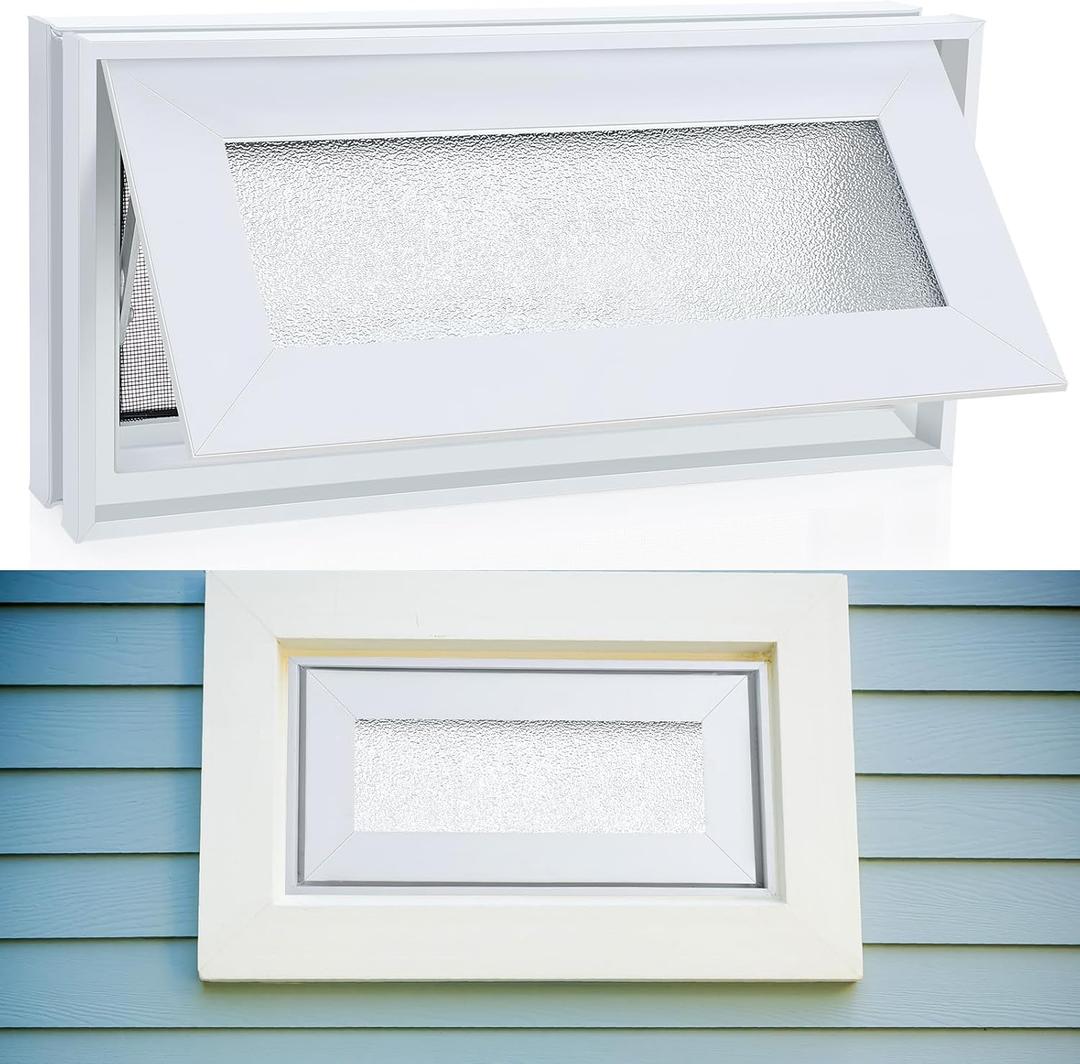 16'' x 8'' Basement Hopper Window Glass Block Sliding Window Small White Vinyl Bathroom Window Shed Window Mobile Home Windows with Double Frosted Glazing Screen for Cabins House Garage