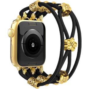 Newlibery Beaded Bracelet Compatible with Apple Watch Band 41mm 38mm 44mm 42mm 45mm 46mm 49mm Women Boho Braided Solo Loop Nylon Stretchy Dressy Strap for iWatch Serie11/10/9/8/7/6/5/4 SE 3/2/1 Ultra