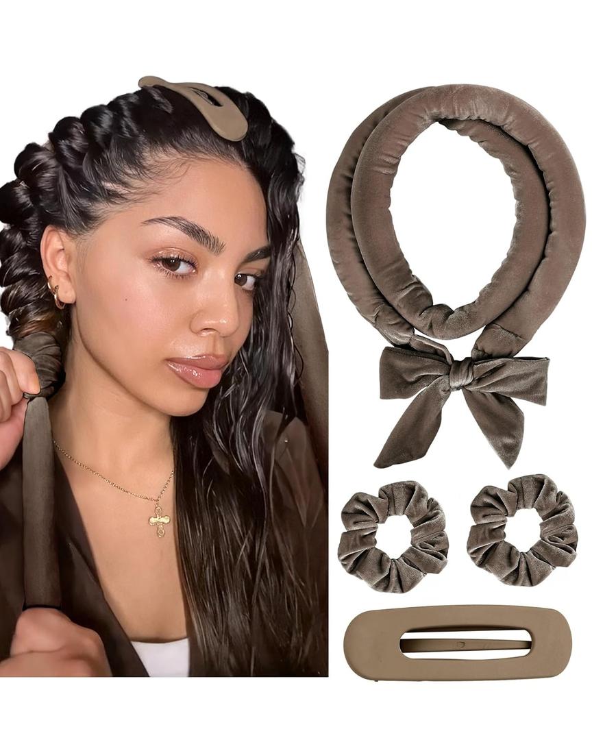 Yanibest Heatless Hair Curler, No Heat Hair Curlers to Sleep in, Overnight Satin Heatless Curling Set with Hair Scrunchies Clip, for All Hair types (Brown)