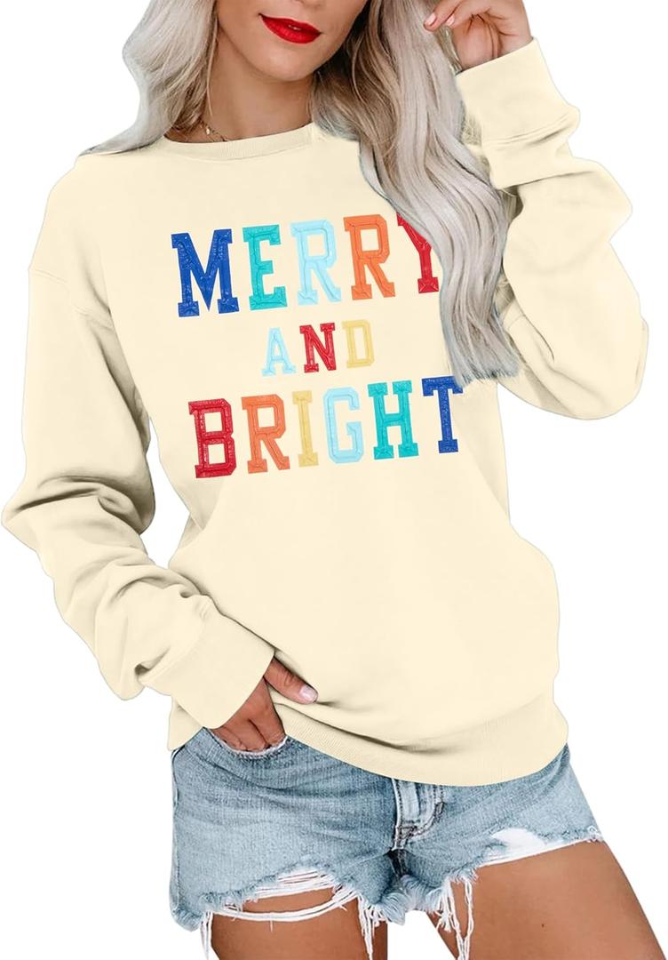 MOUSYA Christmas T-Shirt Women Merry Bright Colorful Letter Printed Sweatshirt Casual Long Sleeve Round Neck Pullover Tops (Beige, L)