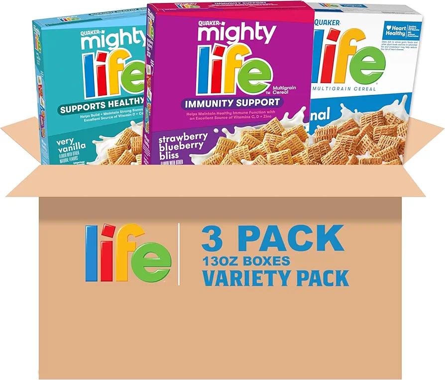 Quaker Mighty Life Multigrain Breakfast Cereal, 3 Flavor Variety Pack (3 Pack) Exp. 07/11/2026