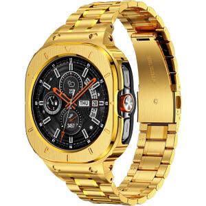 Stainless Steel Bands with Case Compatible with Samsung Galaxy Watch Ultra 2/1 47mm (2025 2024), Rugged Protector Cover Metal Band for Galaxy Watch 7 8 Ultra for Men (Gold)
