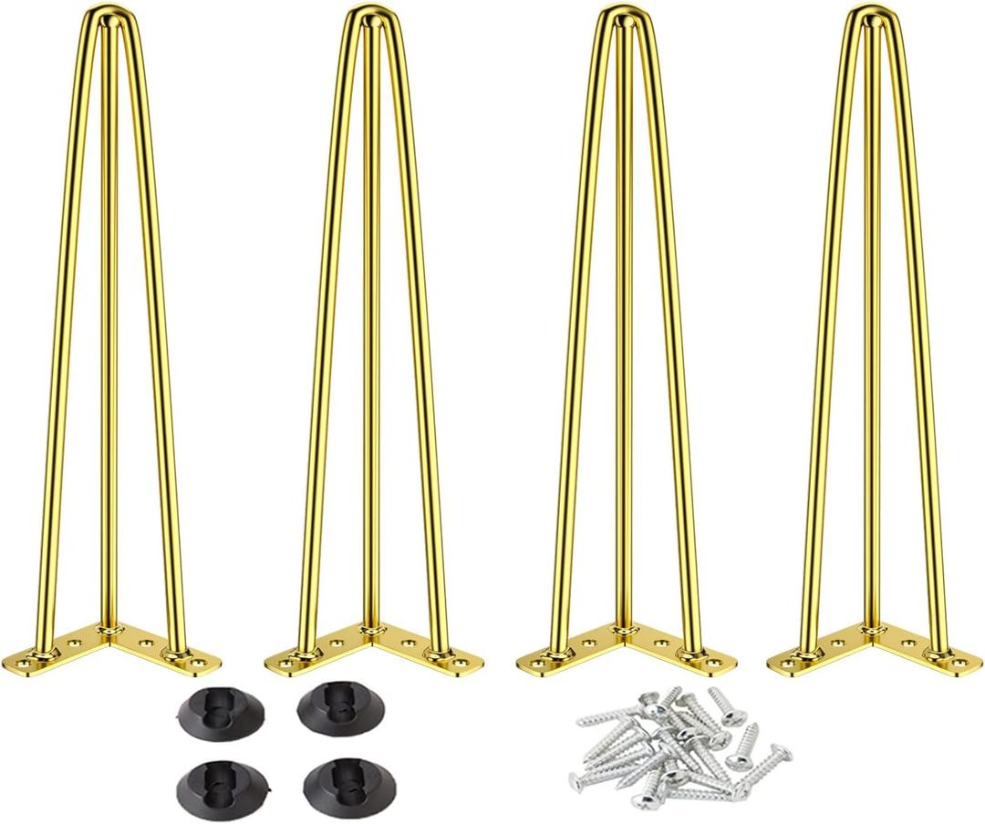 Osring 28 Inch Hairpin Table Legs with 1/2 Dia 3-Rods, Metal Furniture Legs for Coffee Table and Console Table, Mid-Century Gold Hairpin Feet with Floor Protector, 4 Pack