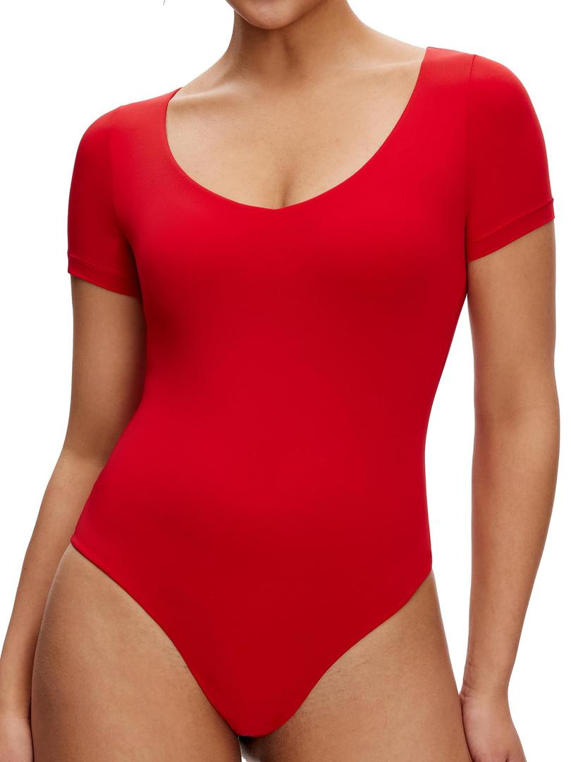 NANJI Short Sleeve Bodysuit for Women - Slim Fit Scoop Neck Body Suit, Stretch Double Lined Tops, Casual Going Out Outfits (XL, Equestrian Red) (XL)