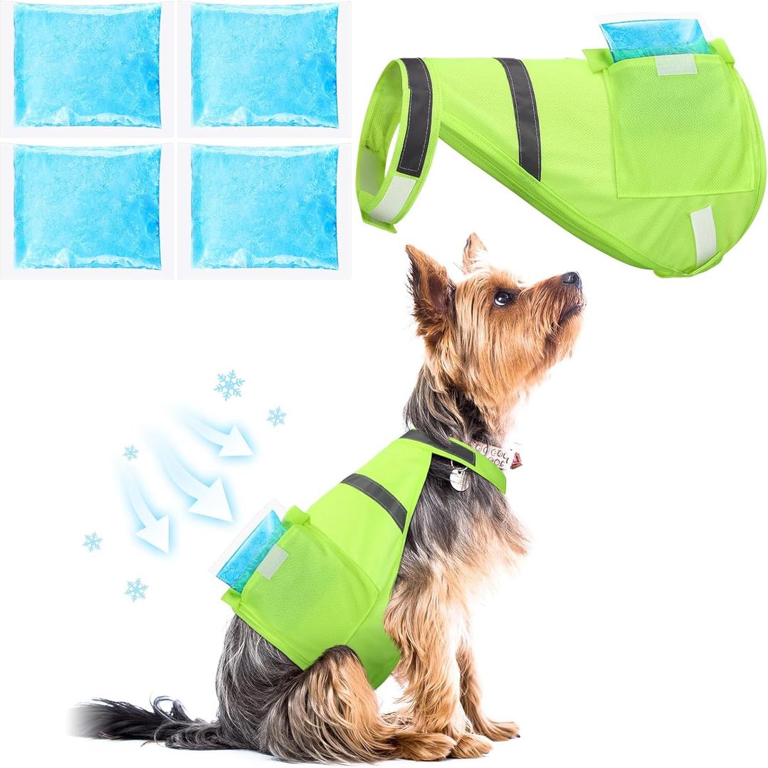 Aliceset 2 Pcs Dog Cooling Vest with 4 Recyclable Ice Pack Summer Outdoor Dog Cooling Harness Pet Adjustable Jacket Cooler(Medium) (Fluorescent Green)
