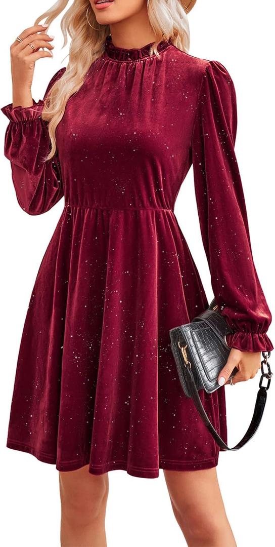 Jayscreate Women's 2023 Velvet Dress Elastic Waistline Fall Long Sleeve Wedding Guest Short Wrap Tunic Formal Dress (XX-Large)