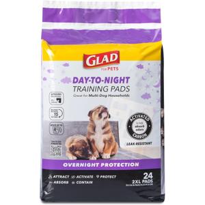 Glad for Pets Day to Night Activated Carbon Puppy Training Pads, Odor Control Disposable Dog Pads with Adhesive and Wall Protection, Leak Proof and Super Absorbent, 30 x 36 Inch, 24 Count
