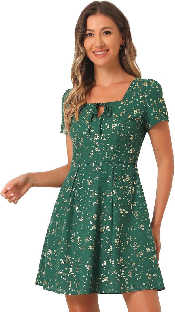Allegra K Women's Printed Dress Summer 2025 Casual Square Neck Short Sleeve Fit and Flare Dresses (Medium, Dark Green-floral)