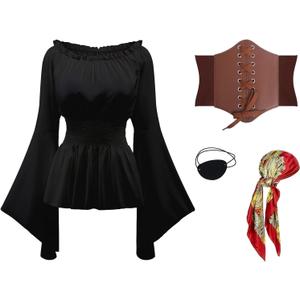 4Pcs Pirate Costume Women-Include Renaissance Shirt Top Women,Pirate Corset Bandana-Halloween Carnival Cosplay Outfit (X-Small, Black)