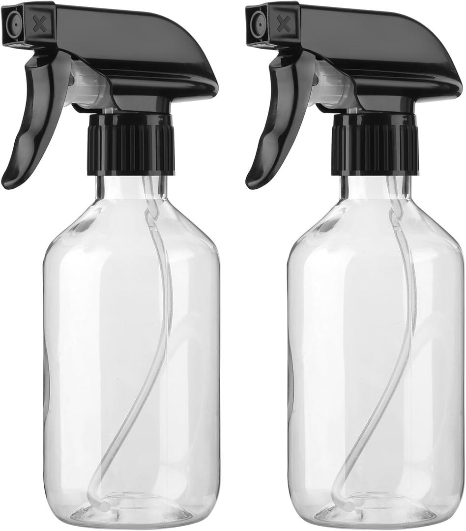 2-Pack Leakproof Spray Bottles (300ml/10oz) - Adjustable Nozzle for Fine Mist & Jet Stream | Premium Refillable Plastic Bottles for Hair Styling, Plant Misting, Cleaning Solutions (Clear)