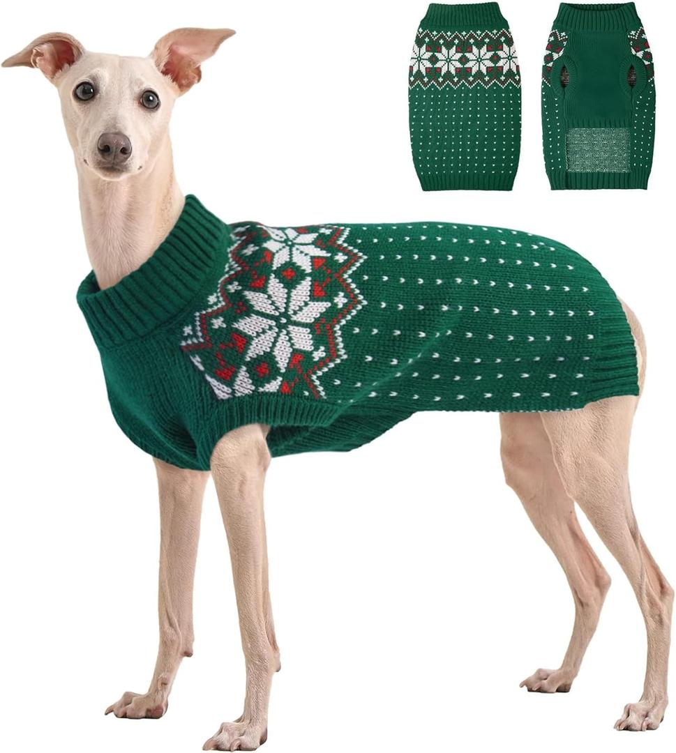 Kuoser Dog Christmas Sweater, Soft Warm Xmas Sweaters for Small Medium Large Dogs Boy Girl, Comfortable Dog Sweater with Leash Hole Snowflake Puppy Knit Outfit for Holiday Winter Fall, Green XL