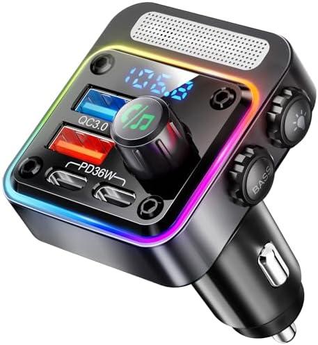 Nulaxy 54W Bluetooth 5.3 Car Adapter Charger 4-Port Fast Charging [PD36W & QC3.0 18W], Wireless Radio FM Transmitter with Deep Bass Player, 5 Colors LED Backlit, Hands-Free Calling, Support USB Drive