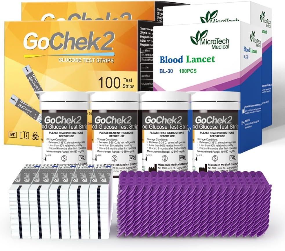 MicroTech Blood Glucose Test Strips & Lancets, 180d Opening Valid, Immune to Blood Oxygen, Only for Gocheck2, 200 Count.