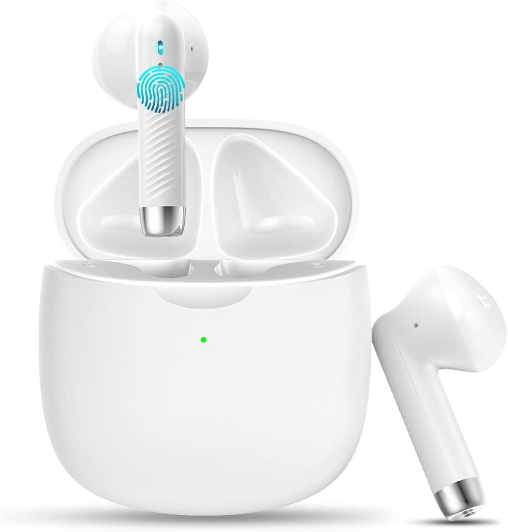 Jxrev Wireless Earbuds, Bluetooth 5.4 Headphones HI-FI Stereo, Ear buds with 4 ENC Noise Cancelling Mic, 32H Playtime Wireless Earphones Type-C Fast Charging, IP7 Waterproof, Touch control, Tiny Size, White