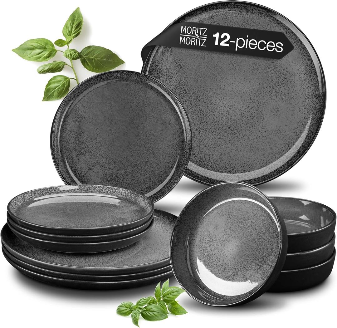 VIDA 12-Piece Porcelain Dinnerware Plate Set for 4 | Includes 4 Dinner Plates, 4 Dessert Plates, 4 Bowls | Modern Grey Ceramic Tableware, Stoneware Look, Microwave & Dishwasher Safe Dishes (Gray)