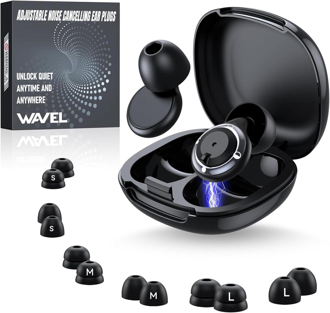WAVEL Adjustable Ear Plugs for Sleeping Noise Cancelling - 3 Modes Noise Reduction EarPlugs (17-35dB) for Snoring, Travel & Concerts | 7 Pairs Silicone Tips (XS/S/M/L) | Magnetic Carry Case | Black