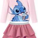 Disney Frozen Elsa Stitch Princess Minnie Toddler Girl 2 Piece Outfit Puff Sleeve Top & Sparkly Skirt Set Birthday Dress (6-7 Years)