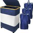 150L Laundry Hamper 3 Section, Large Divided Laundry Basket with Wheels and Lid, Tall Dirty Clothes Hamper with Bamboo Handles and 3 Removable Bag for Bedroom, College Dorm, Bathroom, Blue