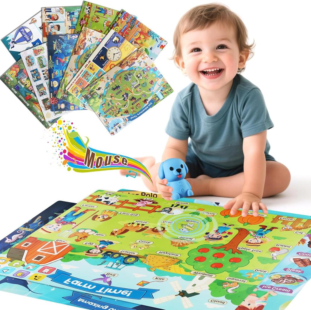 Learning Poster Mat with Talking Pen for Preschool Early Education Learning Toys, Talking Posters for Toddlers Grandkids, Interactive Reader Dog Sensory Autism Toys for Birthday Gifts