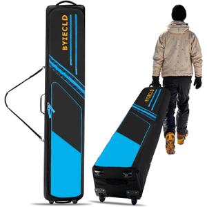 Snowboard Bag with Wheels, Up to 195CM Padded Waterproof Ski Bags for Air Travel Flying, Skis Travel Bags for Snowboard, Double Skis, Boots, Helmet, Ski Gear, Includes 2 Boot Bags (Blue)