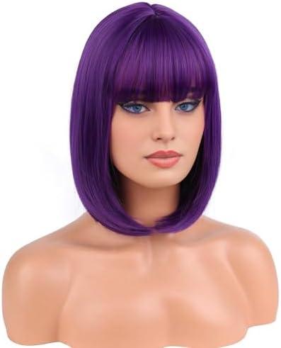 RightOn 12 Inches Dark Purple Wig Short Straight Bob Wig with Bangs Deep Purple Bob Wig for Women Daily Party Hairnet Include