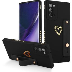 Fiyart Designed for Samsung Galaxy Note 20 Case with Phone Stand Holder Cute Love Hearts Protective Camera Protection Cover with Wrist Strap for Women Girls for Galaxy Note 20 6.7"-Black