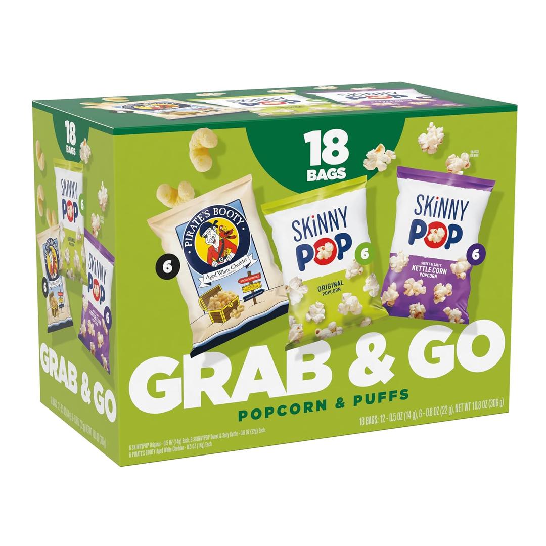 SkinnyPop Popcorn & Puffs Variety Variety Pack, SkinnyPop Original and Kettle Corn, and Pirate's Booty, Gluten-Free, Individually Sized Snack Bags, 0.5oz and 0.8oz Bags (18 Count) (EXP 10/24/26)