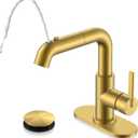 KENES Pull Down Bathroom Faucet with Sprayer, Brushed Gold Single Handle Bathroom Sink Faucet with Pull Out Sprayer, Vanity Bar Faucet with Pop Up Drain & Deck Plate, LJ-9055A-4