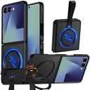 FIERANY 360° Spin Magnetic Stand for Z Flip 7 Case,Ring Holder Stand with Silicone Strap,Fit for MagSafe Shockproof Translucent Matte Phone Case for Samsung Galaxy Z Flip 7 (Black)