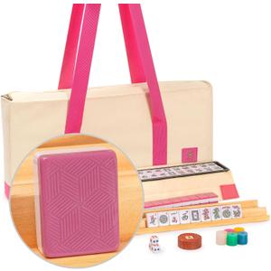 Yellow Mountain Imports American Mahjong Set, Rosehill 166 Rose-Pink Ridged-Backed Tiles, Racks with Pushers, Pink and Cream Soft Case, Scoring Coins, Dice & Wind Indicator