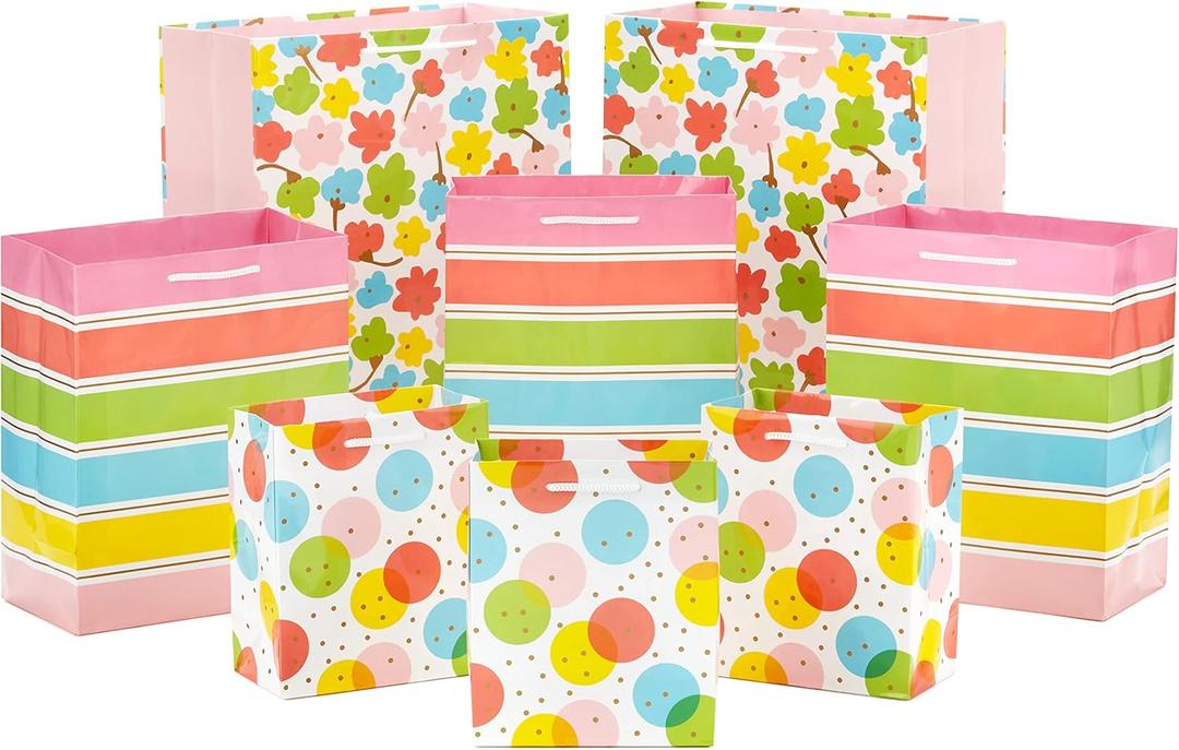 Hallmark Easter Gift Bags in Assorted Sizes (8 Bags: 3 Small 6", 3 Medium 9", 2 Large 13") Polka Dots, Rainbow Stripes, Flowers for Spring, Birthdays, Baby Showers, Gender Reveal Parties