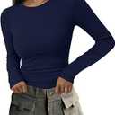 PRETTYGARDEN Long Sleeve Shirts for Women Fall Going Out Tops Casual Ribbed Knit Slim Fitted Basic Tees Y2K Spring Clothes (Navy Blue,Medium)