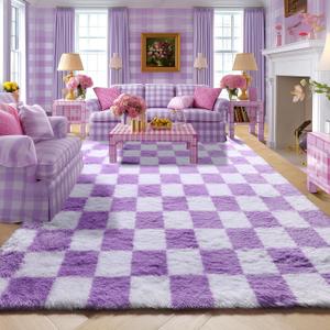 KICMOR Purple Rugs for Living Room Bedroom, 5x7 Fluffy Soft Checkered Area Rug Fuzzy Shag Shaggy Carpet, Indoor Furry Plush Floor Rugs for Kids Girls Boys Baby Teen Dorm Nursery Home Decor Aesthetic
