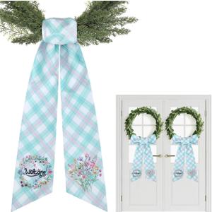 Spring Wreath Sash for Front Door - 2 Pcs Plaid Welcom Wreath Sashes with Flowers for Farmhouse Home Decor, 60 Inch Rustic Green Pink Wreaths Sash for Doorway Yard Indoor Outdoor