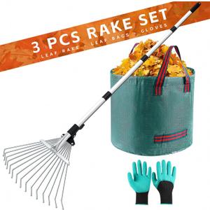 Adjustable Garden Leaf Rake for Leaves 68 inch Garden Tools Set, Leaf Bag and Gloves, Long Handle Stainless Steel Metal Heavy Duty Rake for Yard Lawn Shrub Garden Beds