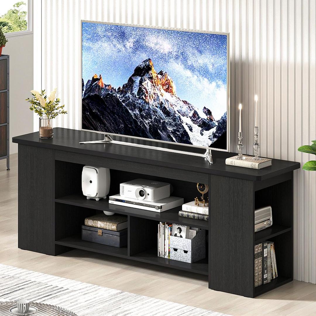Modern Black Wooden TV Stand for TVs up to 60 Inch
Farmhouse Entertainment Center for Living Room, Media Console with Large Open Storage Cabinets & Side Shelves,53.5 Inch