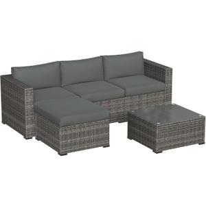 5 Piece Outdoor Patio Sectional Furniture Set, Weather Resistant Rattan Outside Couch, Waterproof Conversation Sofa for Balcony, Porch, Backyard, Deck, Garden, Grey