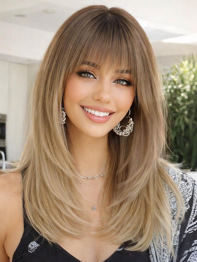AISI HAIR Beginner Friendly Wigs Ombre Blonde Wig with Bangs for Women, Middle Length NaturalLayered Straight Wig for Daily Party