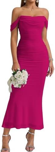 KUTUMAI Off The Shoulder Maxi Long Dress Corset Ruched Bodycon Cocktail Formal Wedding Guest Dresses for Women, Size: Medium