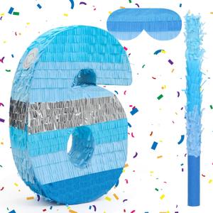 Number 6 Pinata Bundle with a Blindfold and Bat(16.2 x 10.9 x 4 Inches), Perfect for Boys and Girls Birthday Party Supplies, Blue Theme Birthday Decoration